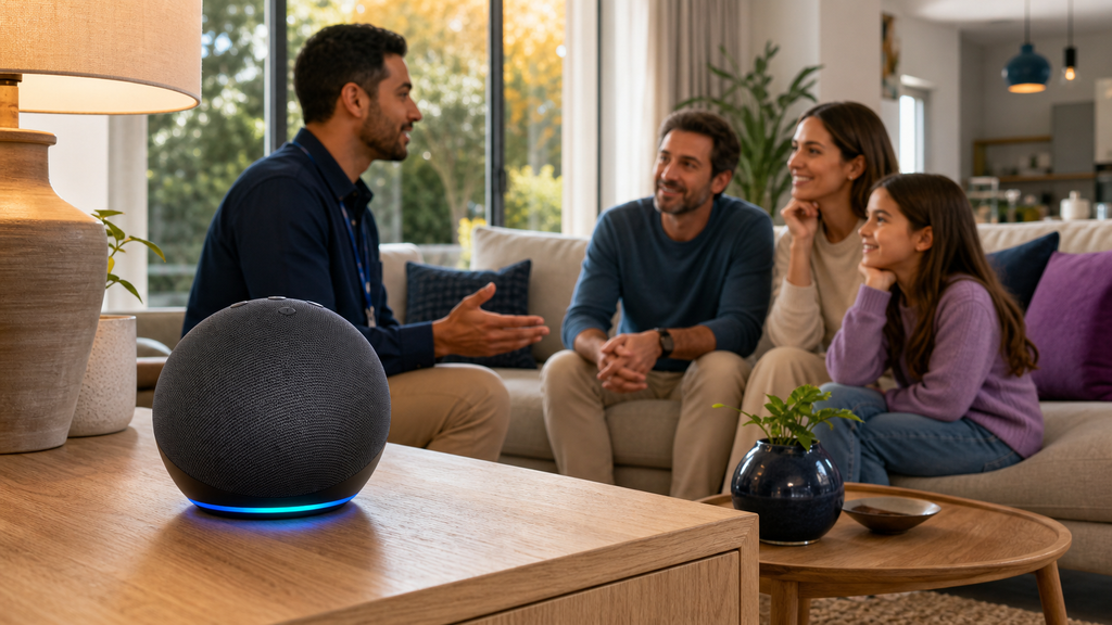 Amazon Echo Dot de 5ª geração com alto-falante esférico e Alexa integrada.