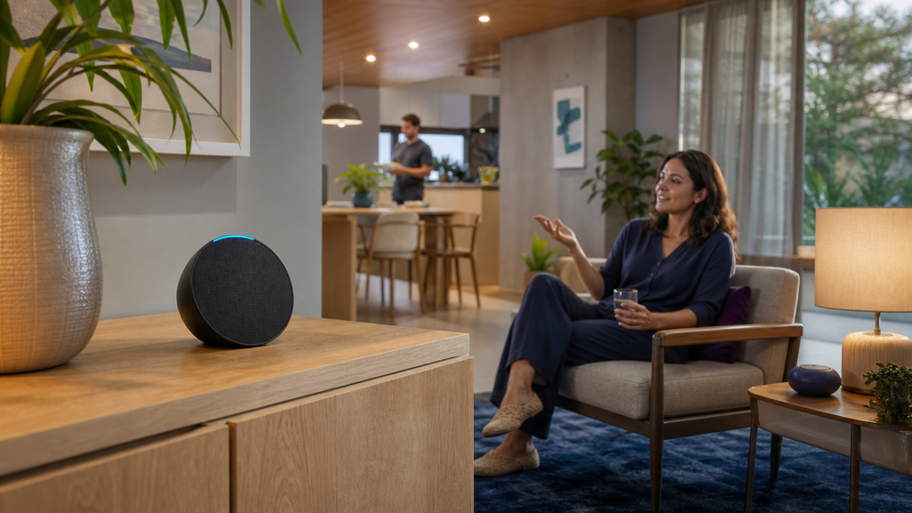 Smart speaker compacto Amazon Echo Pop com assistente virtual Alexa em uma sala moderna.