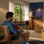 Casa inteligente barata: montagem de sala com dispositivos conectados para automação residencial acessível.