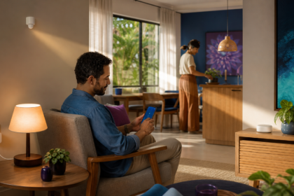 Casa inteligente barata: montagem de sala com dispositivos conectados para automação residencial acessível.