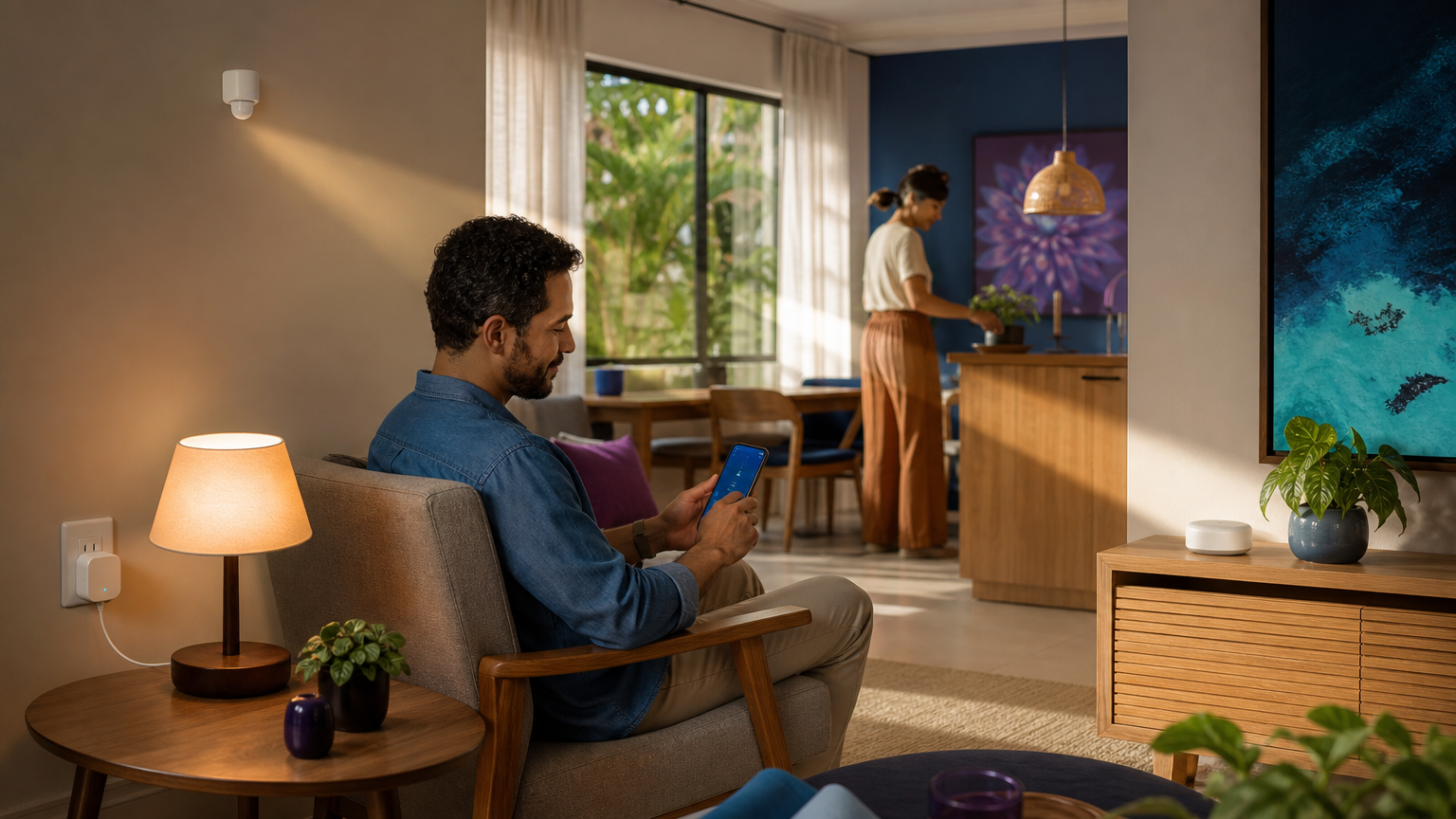 Casa inteligente barata: montagem de sala com dispositivos conectados para automação residencial acessível.