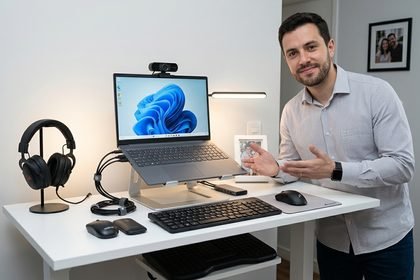 Home office barato com acessórios essenciais para trabalhar em casa.