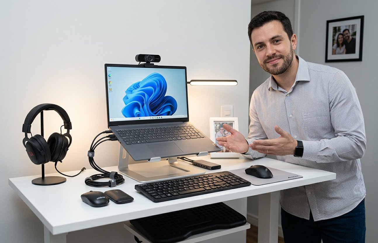 Home office barato com acessórios essenciais para trabalhar em casa.