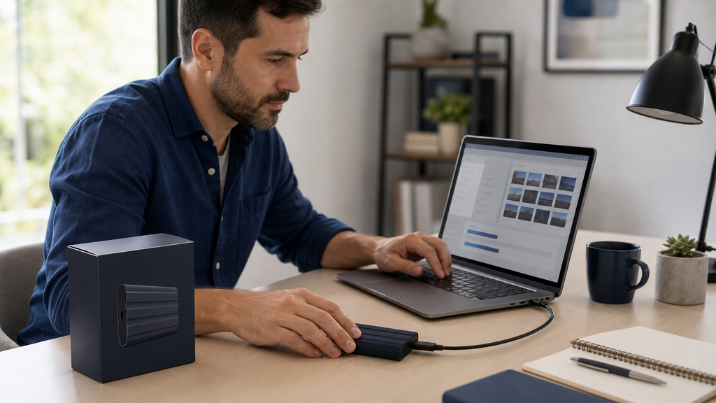 SSD externo portátil de 1 TB para transportar e transferir arquivos.