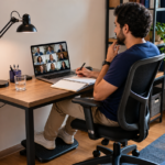 Setup barato para estudar e trabalhar organizado em espaço compacto com mesa, cadeira ergonômica e luminária.