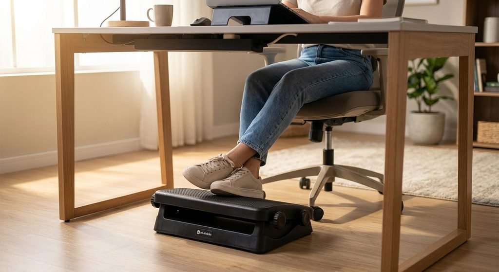 Apoio ergonômico para os pés em escritório doméstico econômico.