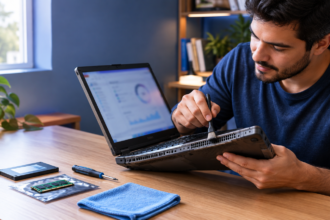 Como acelerar notebook antigo: pessoa limpa e prepara upgrade de SSD e memória RAM em notebook antigo