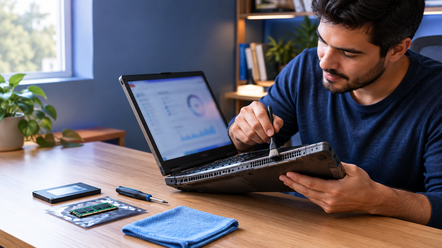 Como acelerar notebook antigo: pessoa limpa e prepara upgrade de SSD e memória RAM em notebook antigo