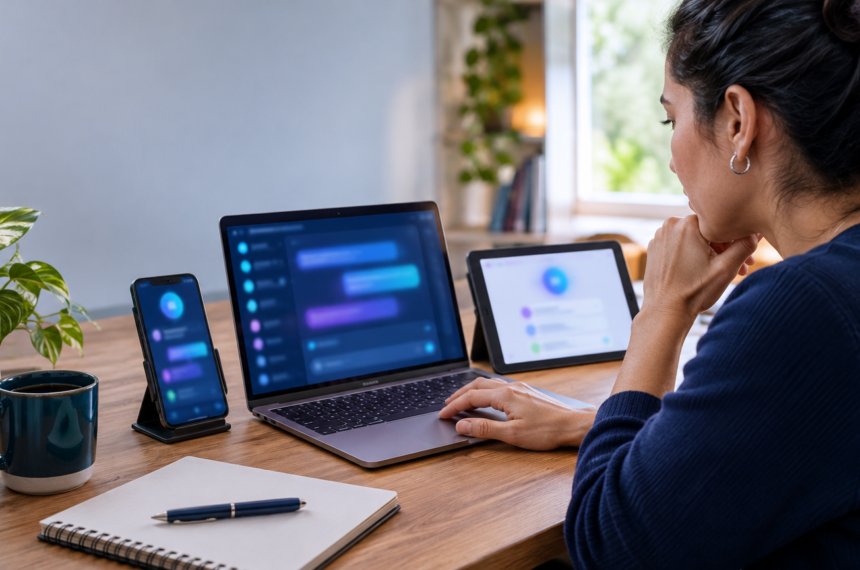 ChatGPT Gemini ou Copilot: pessoa compara três assistentes de IA no notebook e no celular