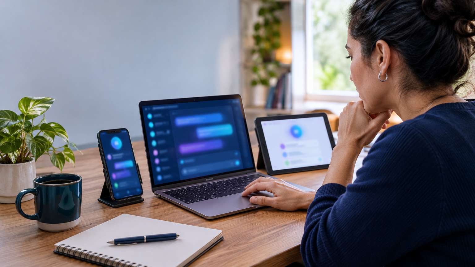 ChatGPT Gemini ou Copilot: pessoa compara três assistentes de IA no notebook e no celular