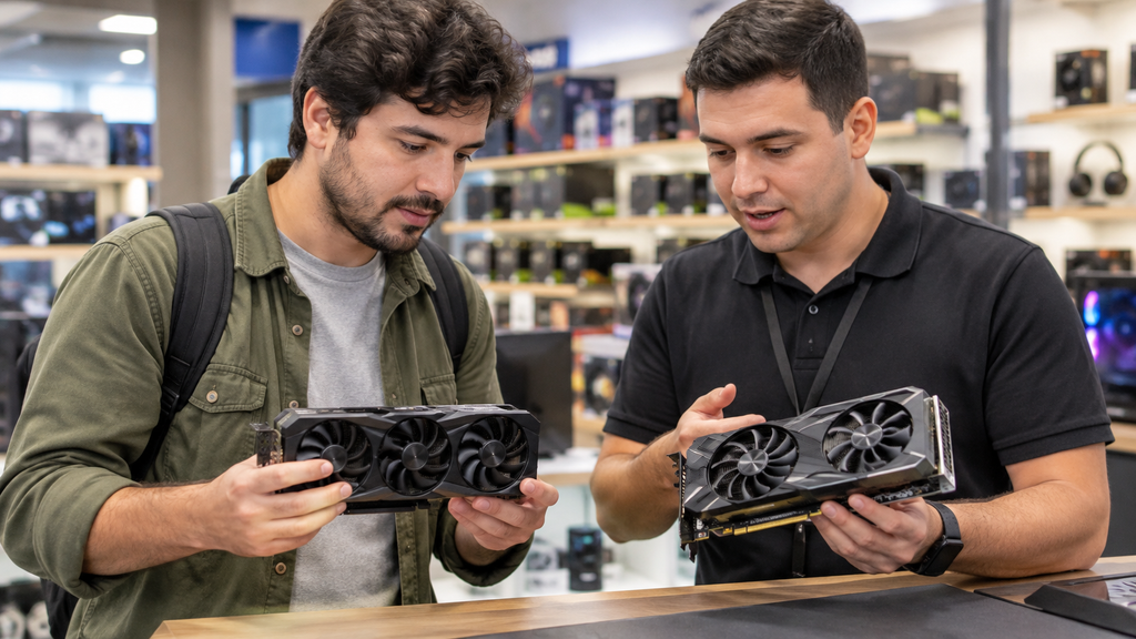 Cliente avaliando produtos com vendedor
