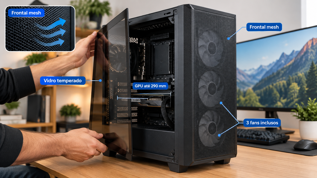 gabinete mesh K-Mex CG-02C5 para montar um PC gamer barato