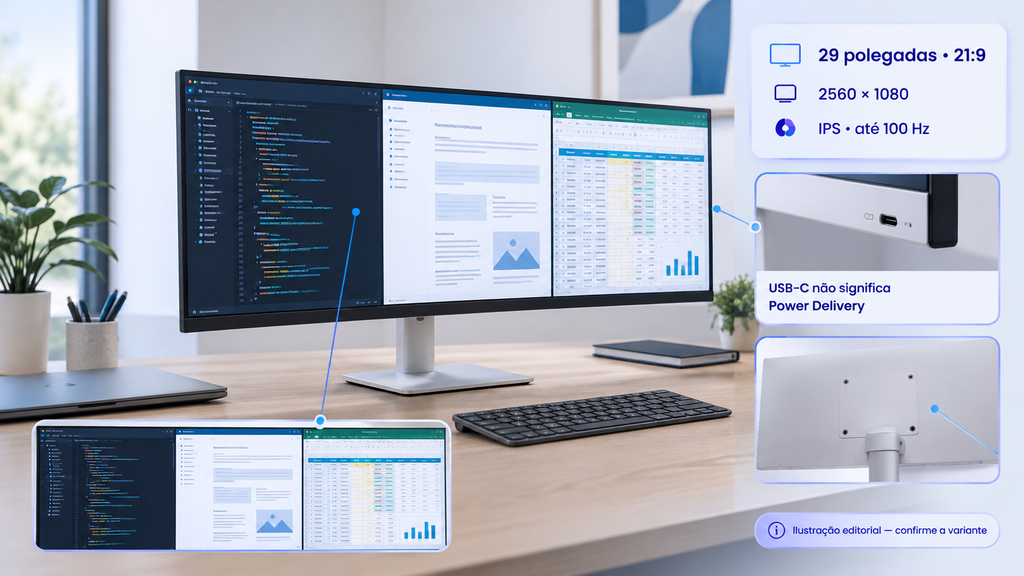Monitor ultrawide 29 polegadas sobre mesa estreita, com área de trabalho 21:9 contínua.