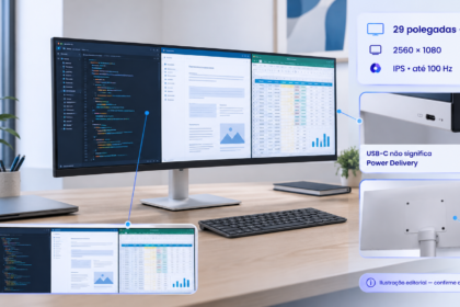 Monitor ultrawide ou dois monitores em comparação numa mesa de trabalho, com área única 21:9 e duas telas independentes