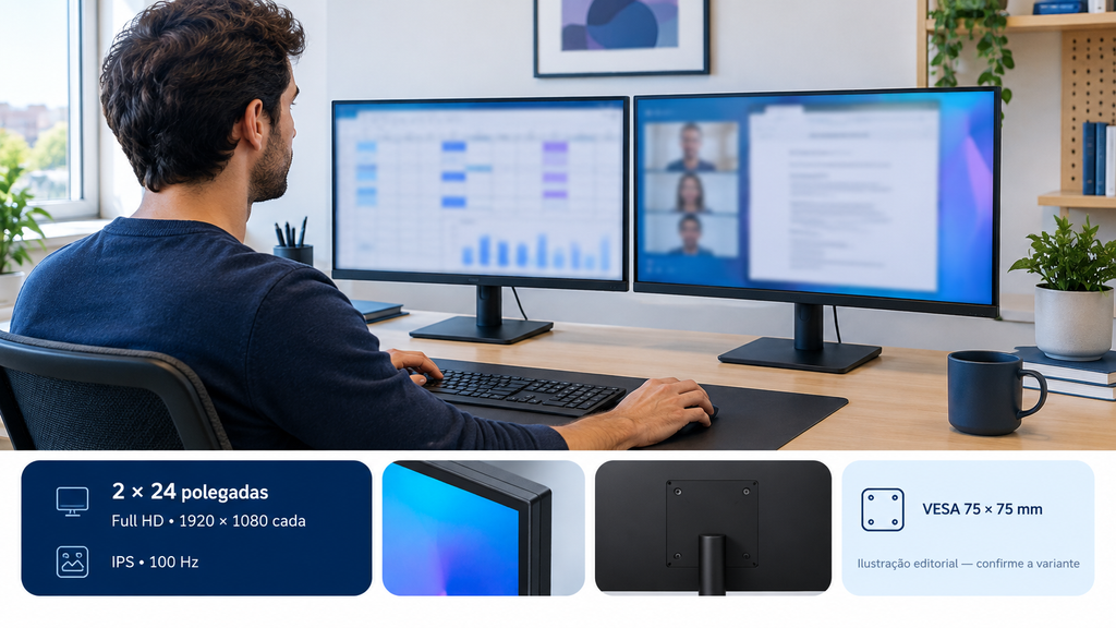 Dois monitores 24 polegadas Full HD lado a lado numa mesa de trabalho, com borda central entre eles.