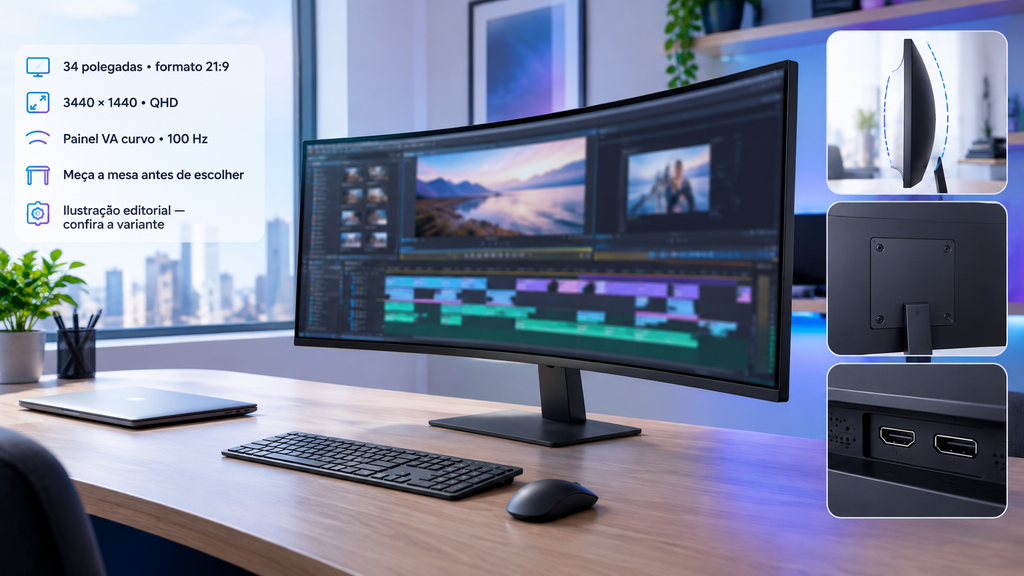 Monitor ultrawide 34 polegadas QHD sobre mesa ampla, com planilha larga aberta em uma única área.