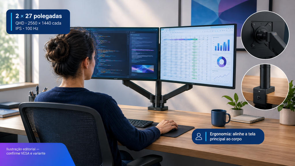 Dois monitores 27 polegadas QHD lado a lado em mesa ampla, cada um com janela de trabalho cheia.