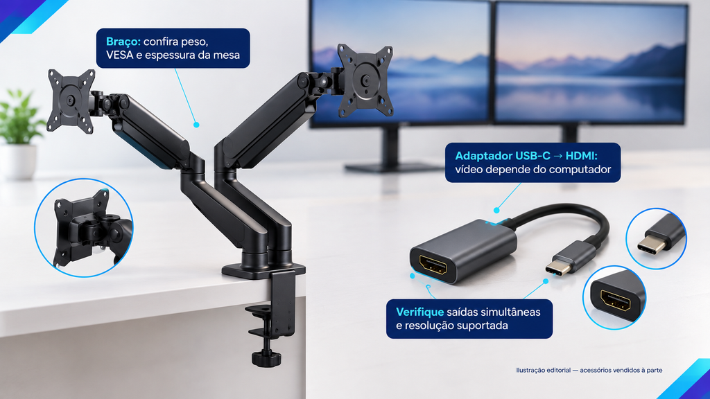 Suporte articulado para monitor e adaptador USB-C para HDMI sobre uma mesa de trabalho.