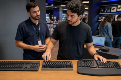 melhor teclado para home office: membrana, mecânico e ergonômico em mesa de trabalho.