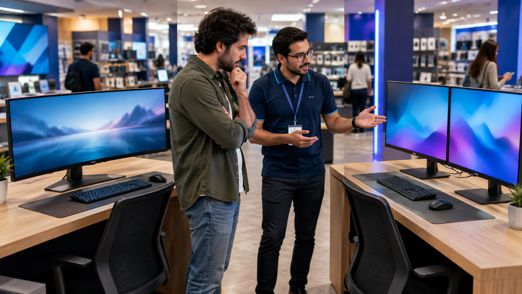 Diagrama conceitual compara monitor ultrawide 21:9 e dois monitores lado a lado numa mesa de trabalho.