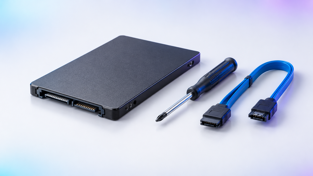 SSD SATA de 2,5 polegadas ao lado de notebook aberto com a baia de HD exposta