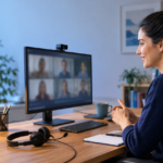 Webcam para reuniões e aulas online posicionada acima do monitor em um home office iluminado, com headset ao lado