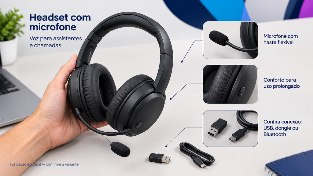 Headset USB com microfone em mesa de home office durante chamada por voz