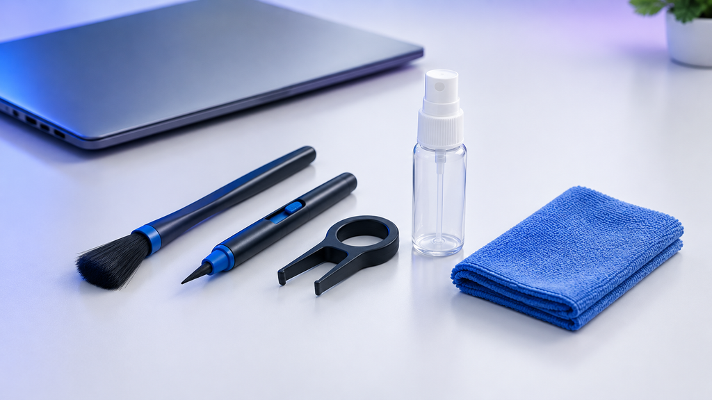 Kit de limpeza 8 em 1 com pincel, escova e acessórios sobre mesa ao lado de um notebook