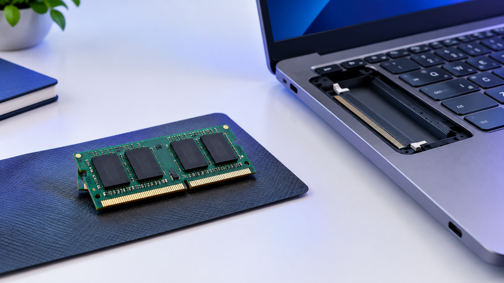 Módulo de memória SODIMM DDR4 sendo encaixado no slot de memória de um notebook