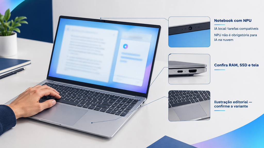 Notebook com processador de NPU aberto em mesa de trabalho com assistente de IA na tela